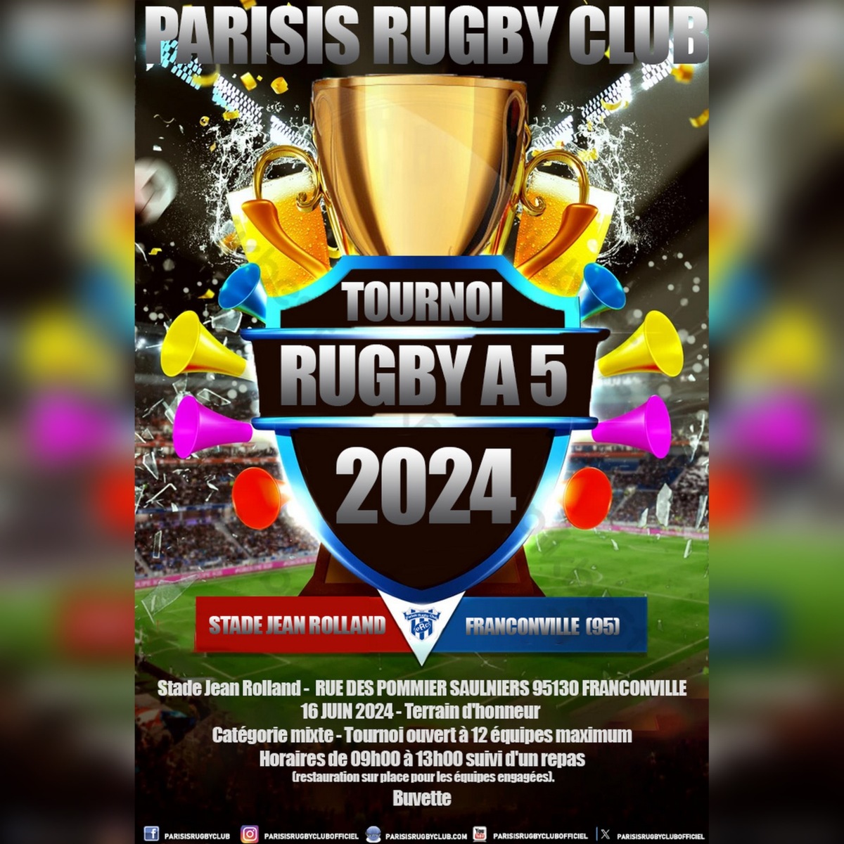 Le Parisis Rugby Club organise son Tournoi de rugby à 5 au Stade Jean Rolland à Franconville le 16 juin 2024