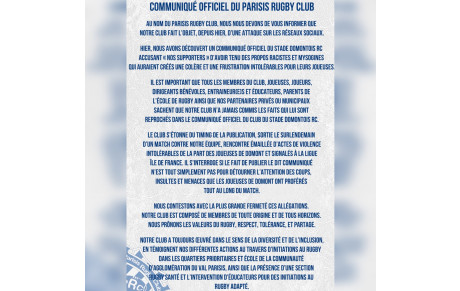 Communiqué officiel du Parisis Rugby Club